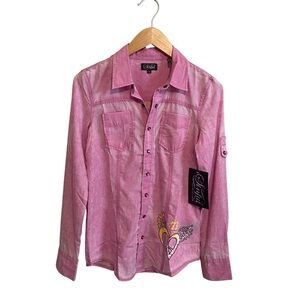 NWT Sinful Affliction Pink and Yellow Bling Graphic Long Sleeve Snap Shirt Small